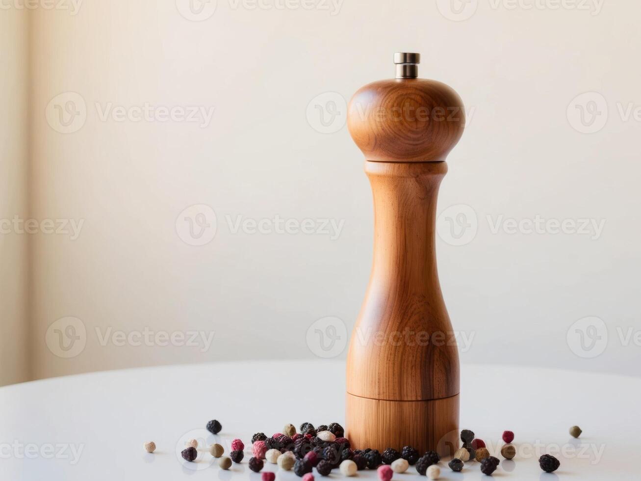 A pepper mill on a white table with pepper and spices photo