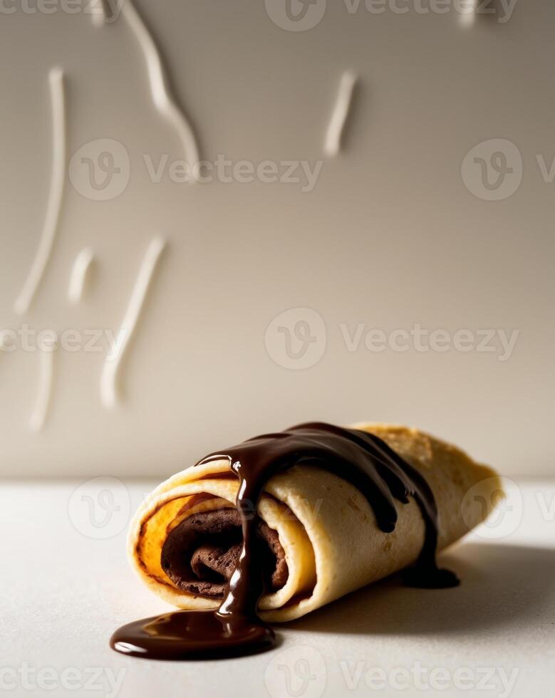 A chocolate covered crepe with a drizzle of chocolate photo