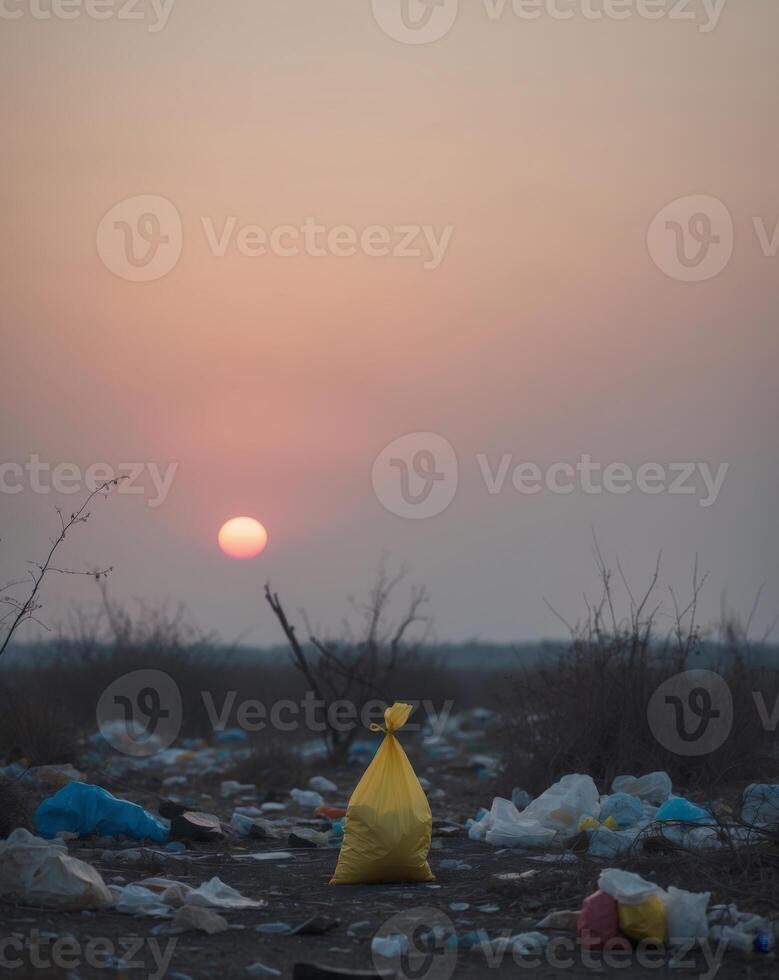 Pollution at Sunset A Yellow Plastic Bag Among Litter in a Natural Landscape photo