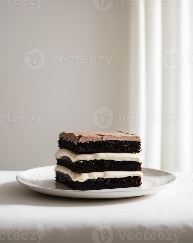 Delicious Chocolate Layered Dessert on White Plate photo