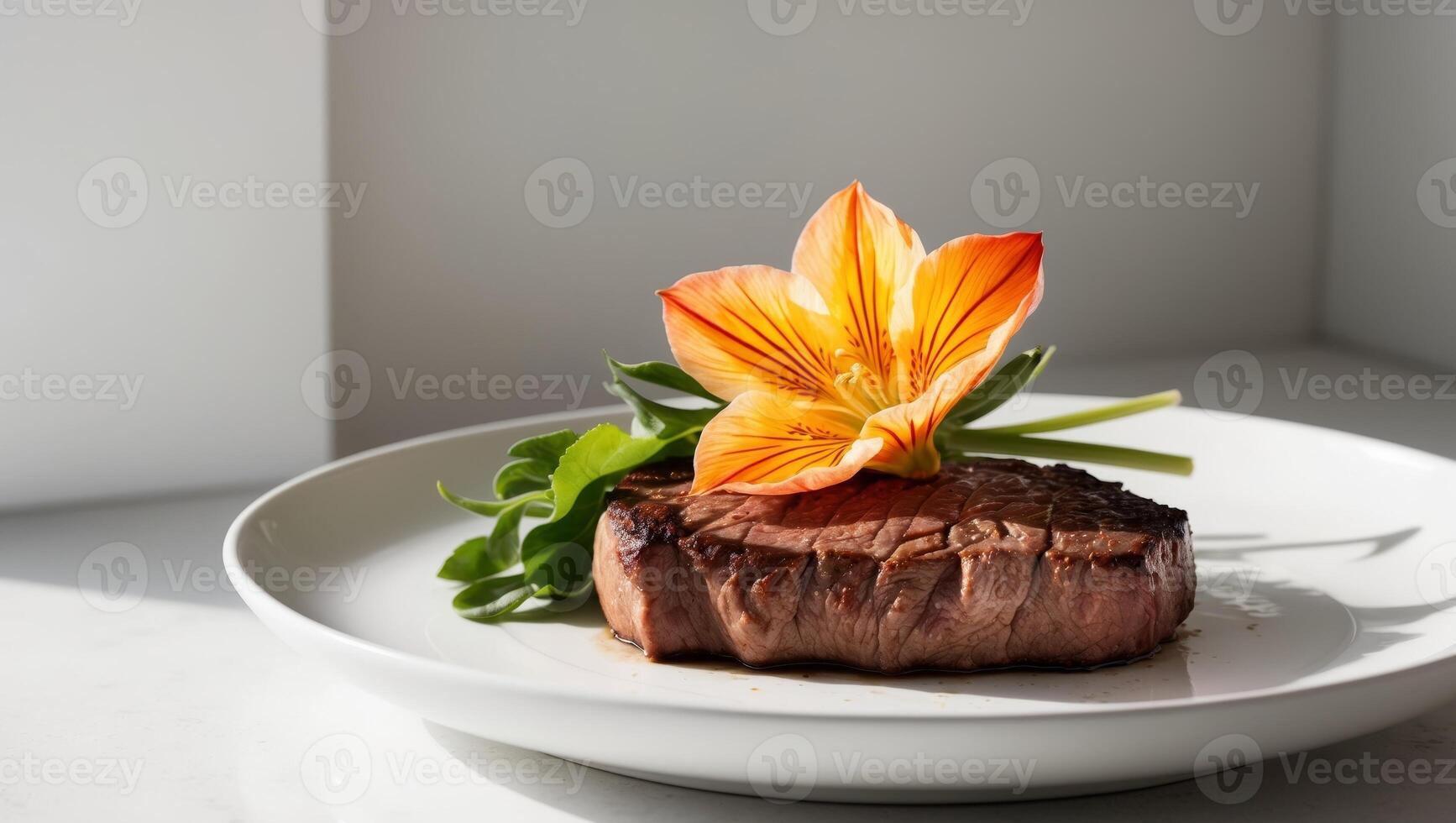 Succulent beef steak garnished with vibrant flower photo