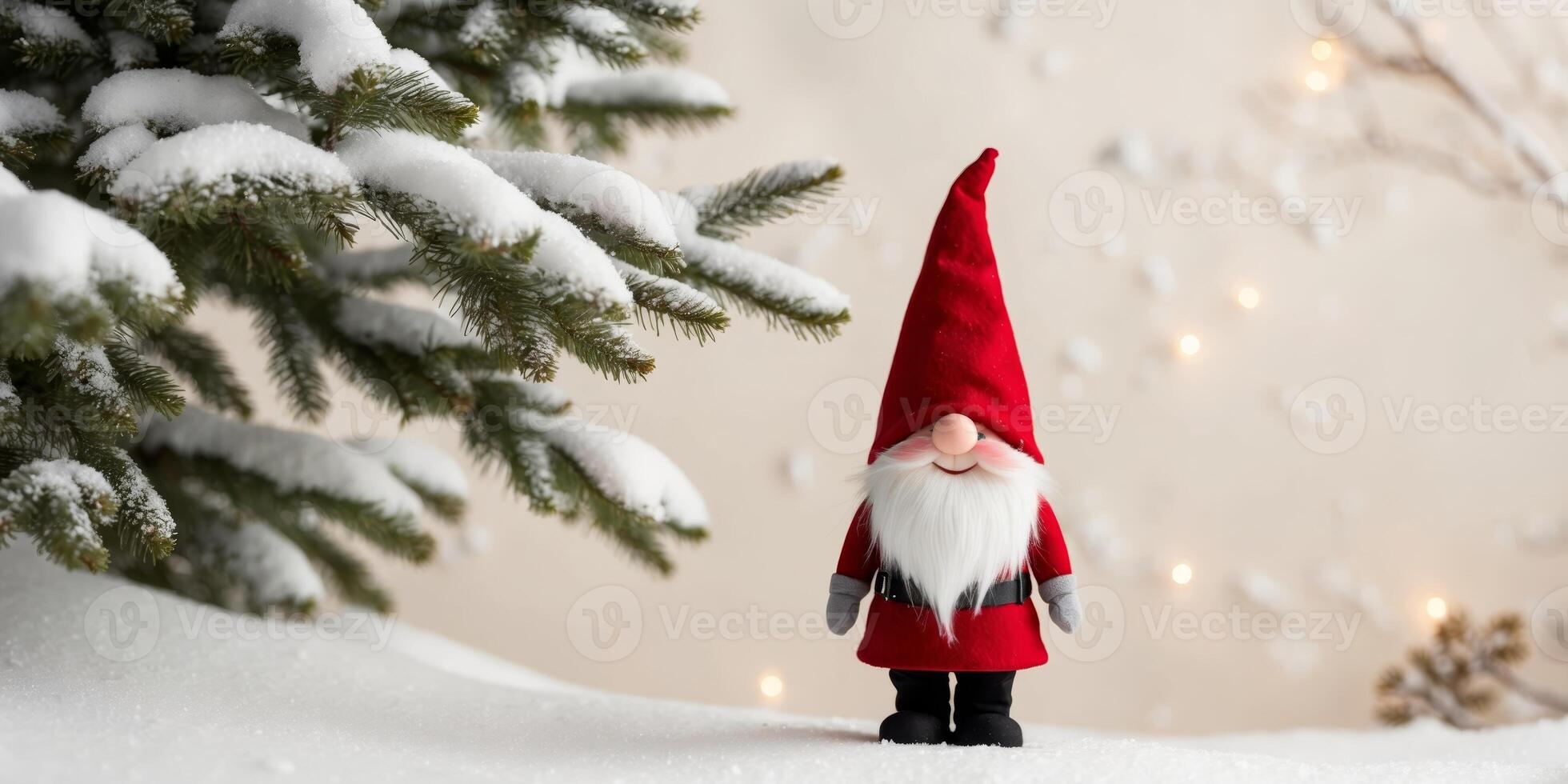 Festive Gnome Stands Near Tree In Snowy Winter photo