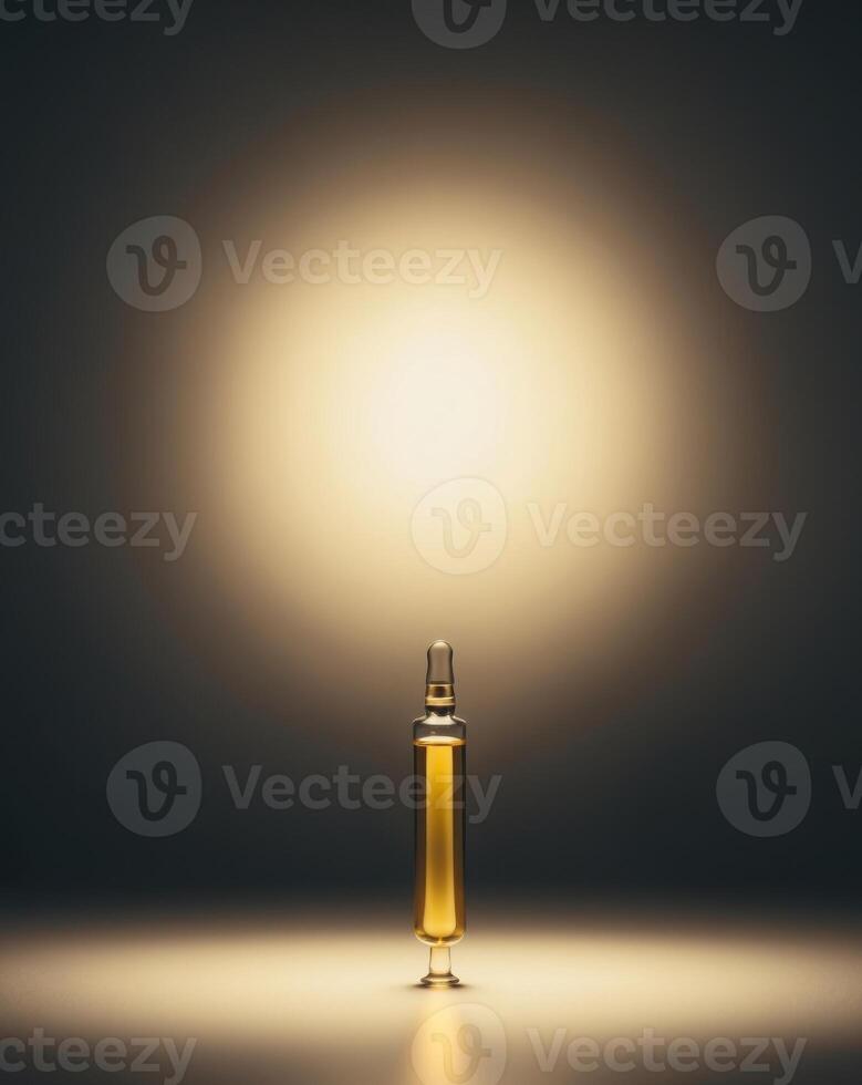 Glowing Golden Vial Medical Serum Dark Background Illuminated Liquid photo