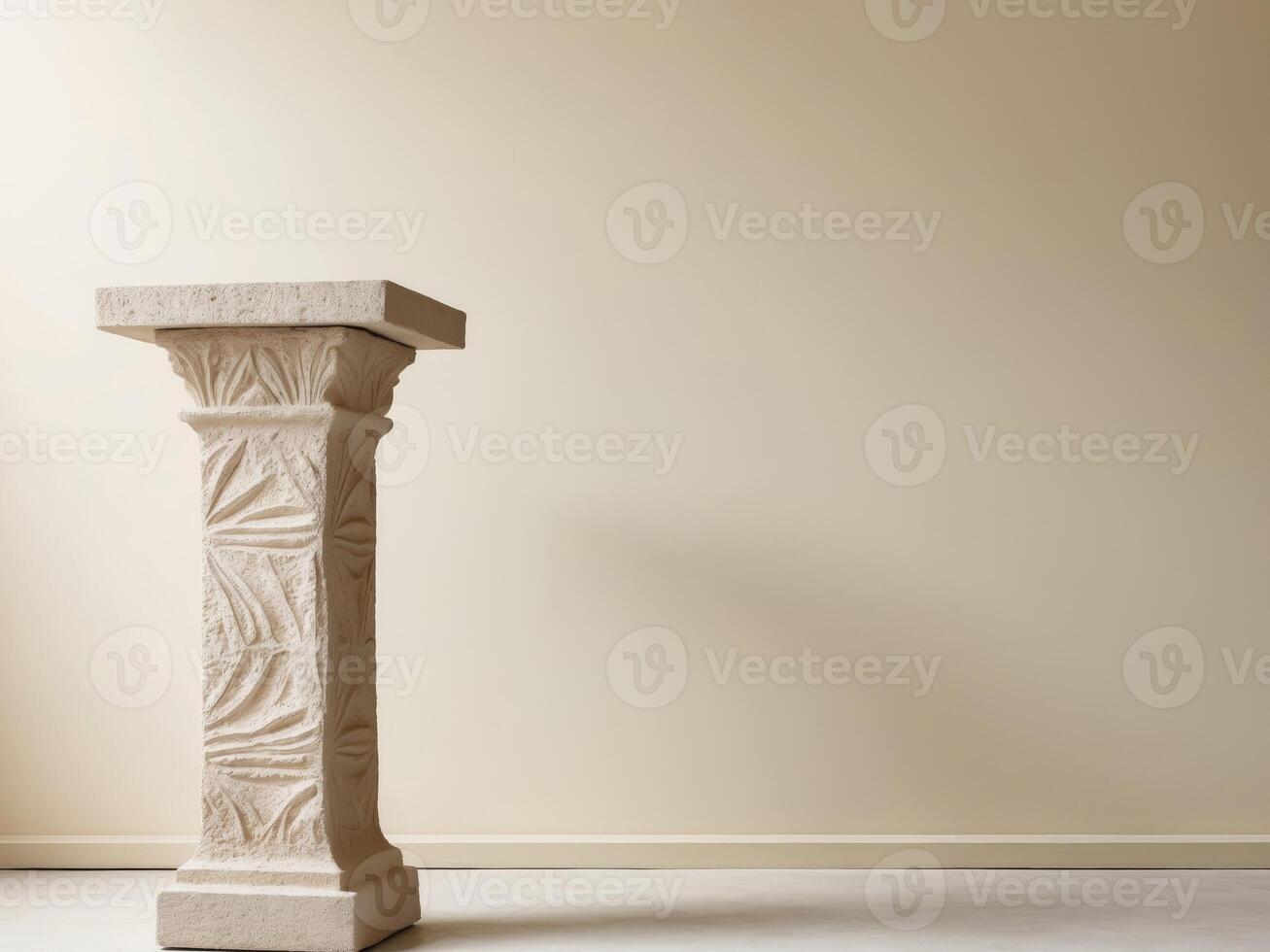 empty podium from stone natural with beige pastel wall background for product display photo