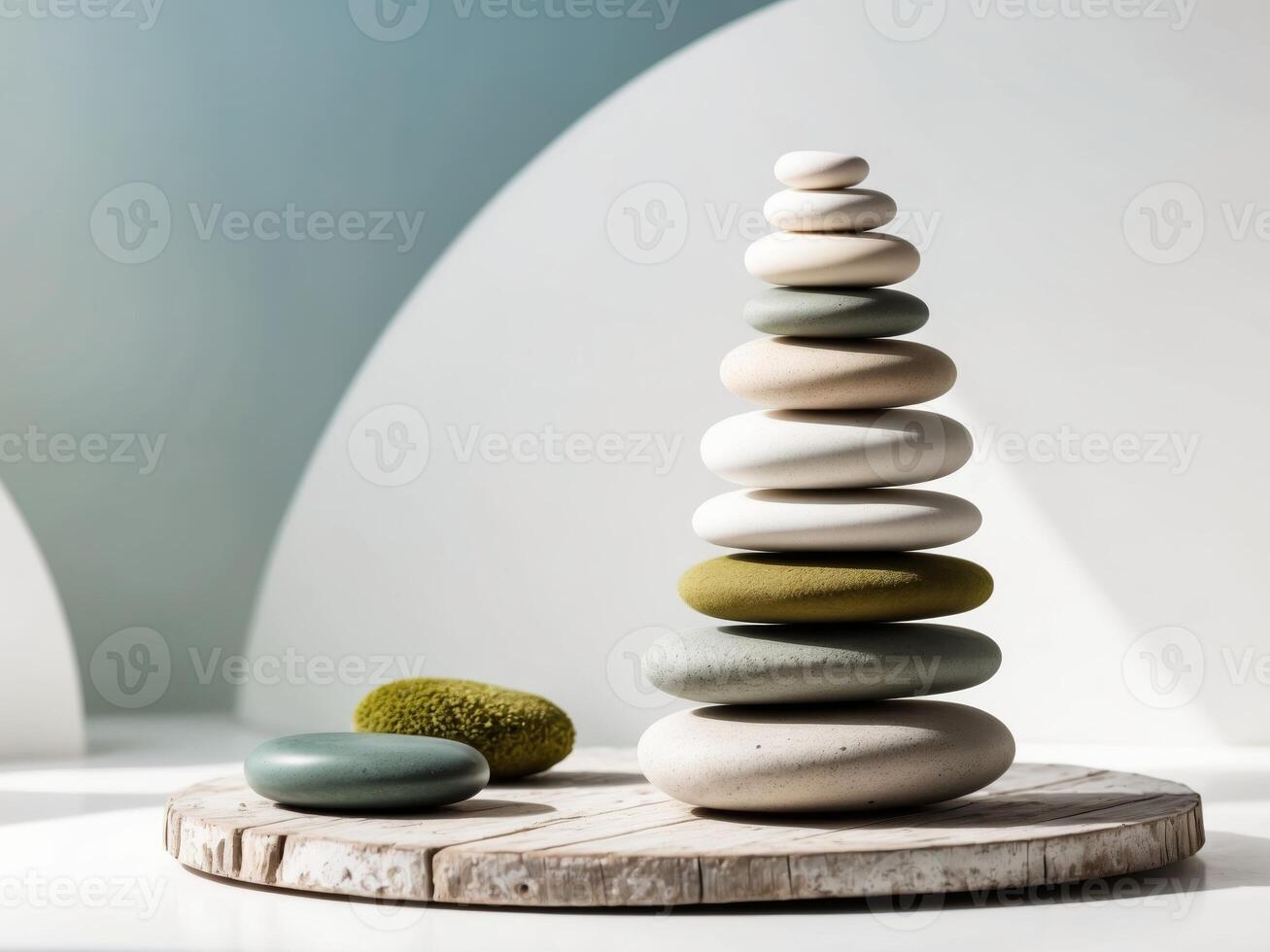 Stack of balancing pebbles creating harmony and tranquility in nature photo