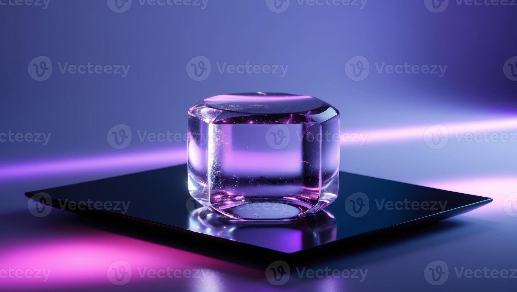A Single Ice Cube Glistens Under Purple And Blue Light photo