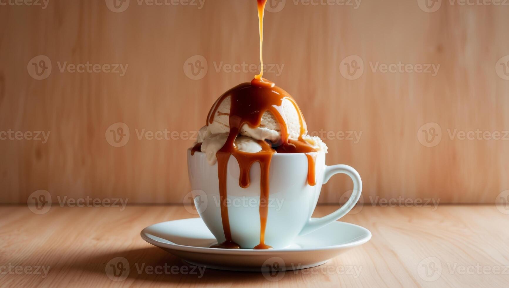 Ice cream sundae in white cup with caramel sauce and wooden table background photo