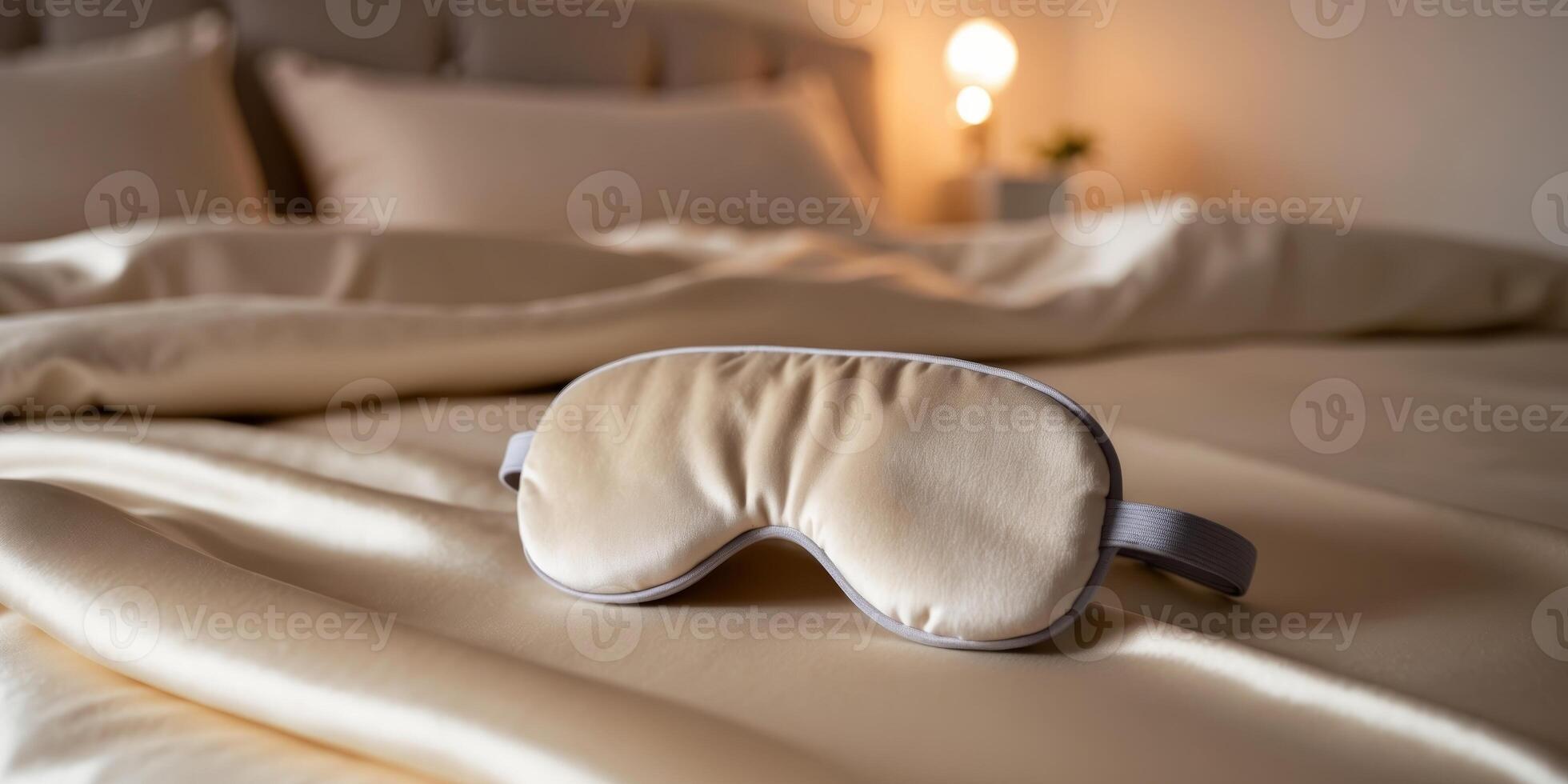 A cozy bedroom scene plush sleep mask on smooth bedding for ultimate nighttime relaxation photo
