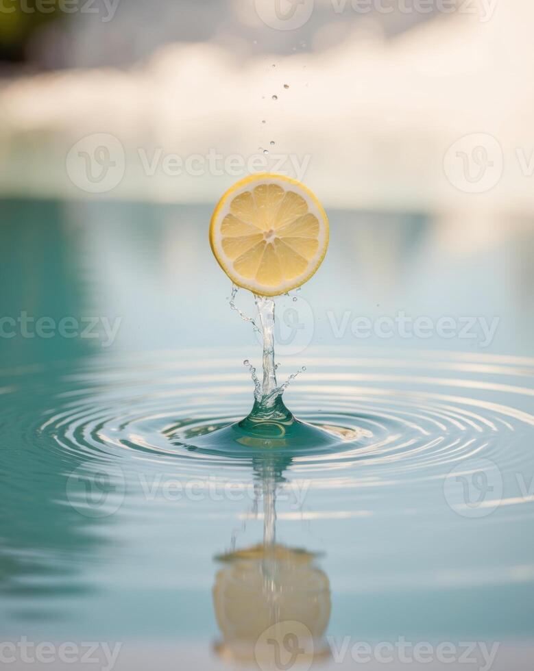 Fresh lemon slice splashes into crystal clear water creating mesmerizing ripples and reflections in a tranquil setting photo
