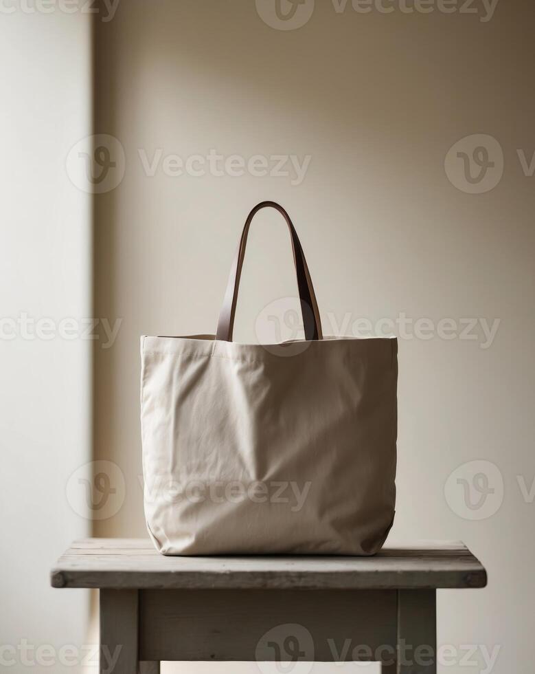 A beige tote bag sitting on a wooden table photo