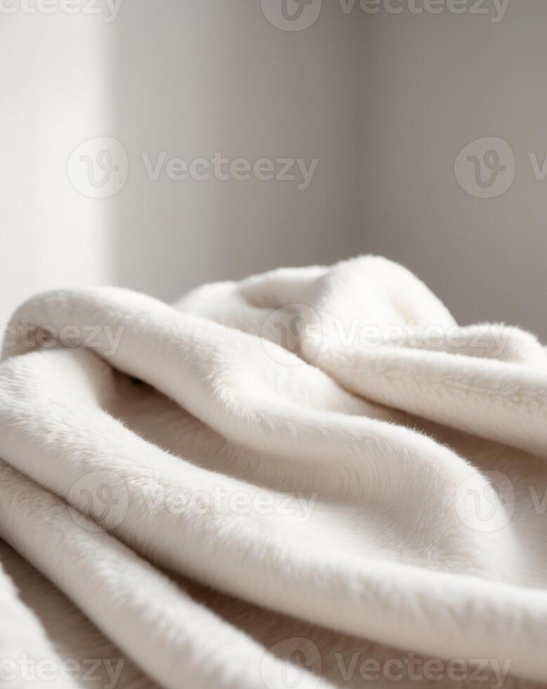 A white blanket is folded on top of a bed photo