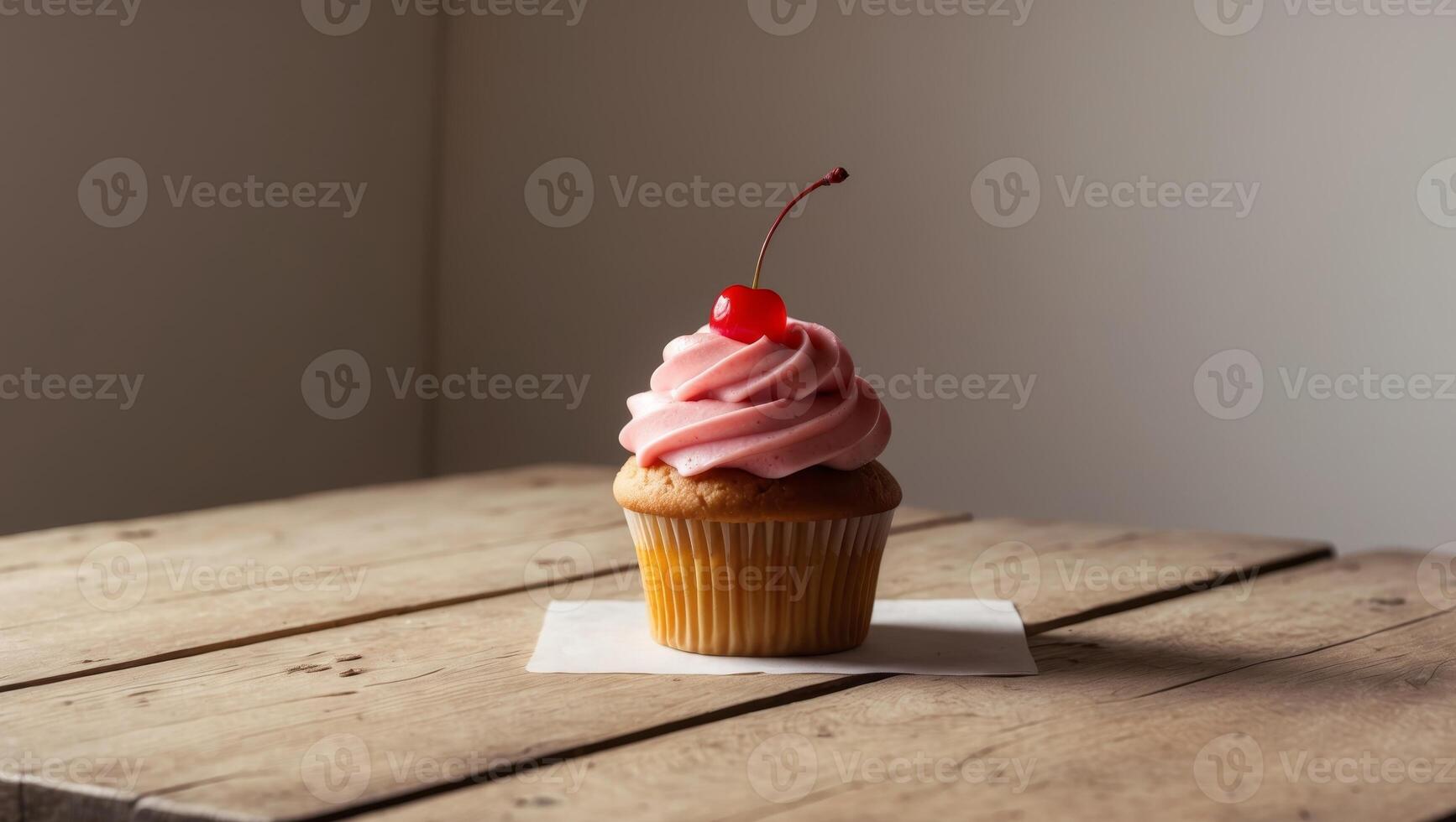 A cupcake with pink frosting on top on a wooden table photo