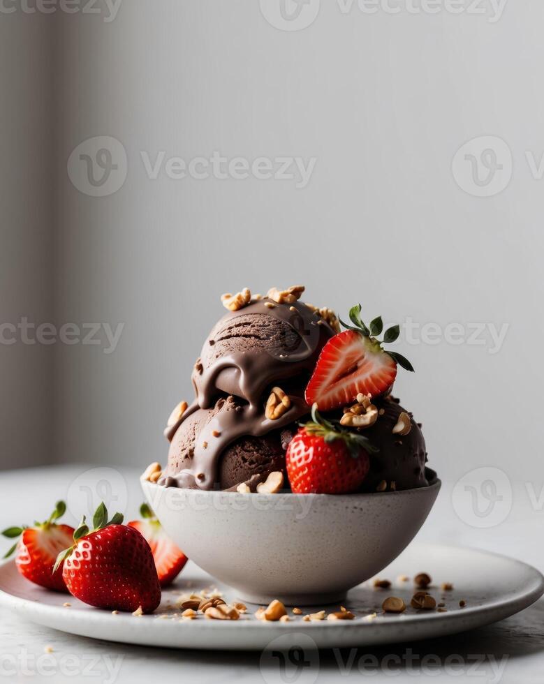 A bowl of chocolate ice cream with strawberries and nuts photo
