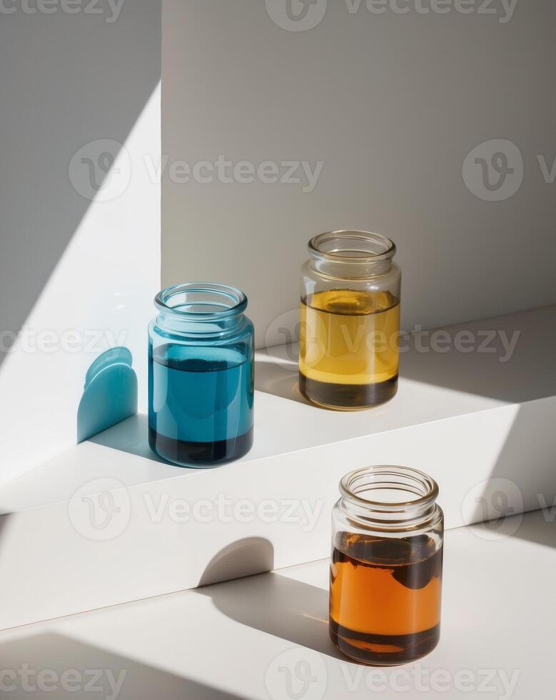 Three glass jars filled with colored liquids photo