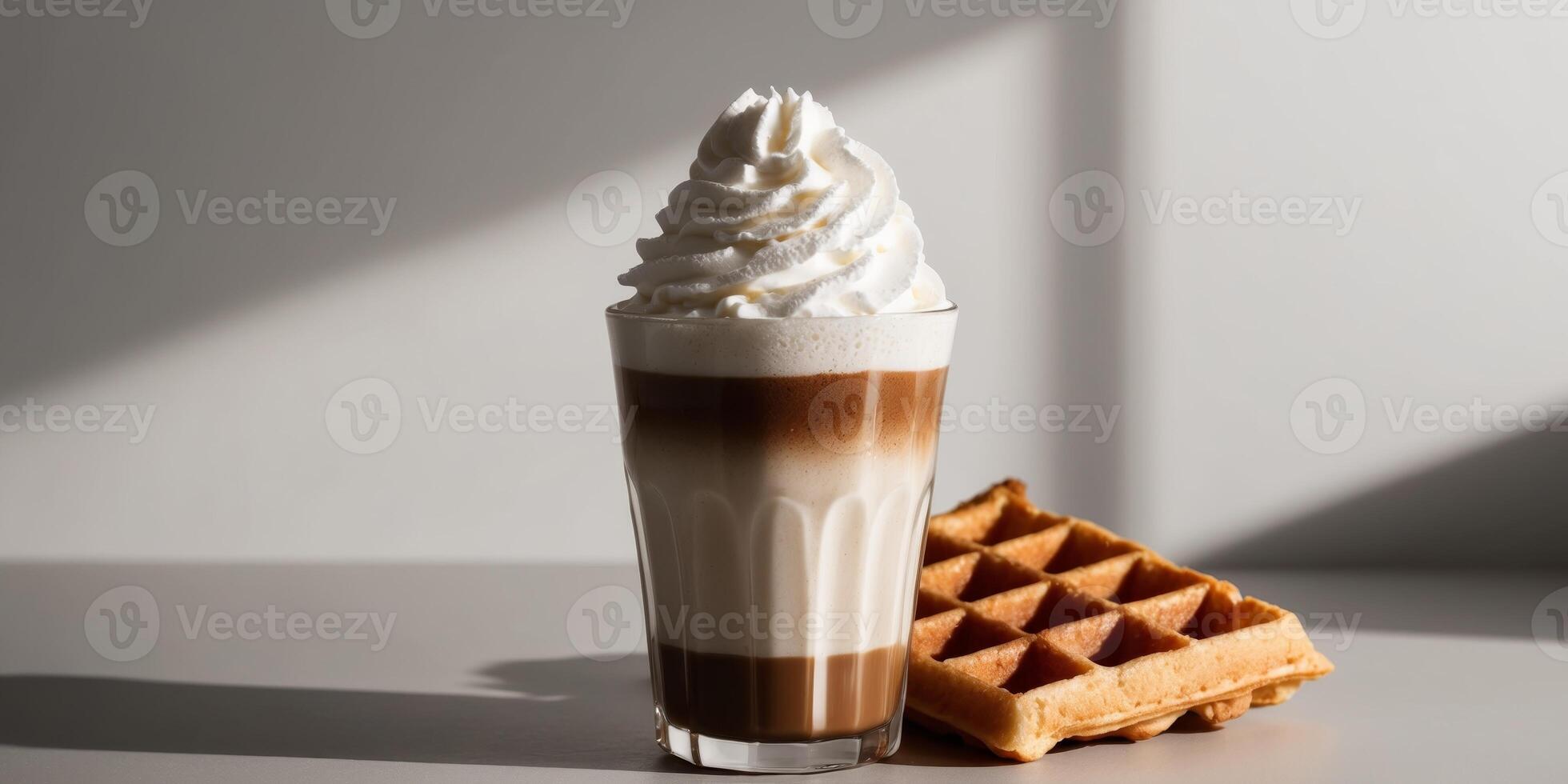 Delicious Coffee Shake Topped With Whipped Cream And Waffles photo