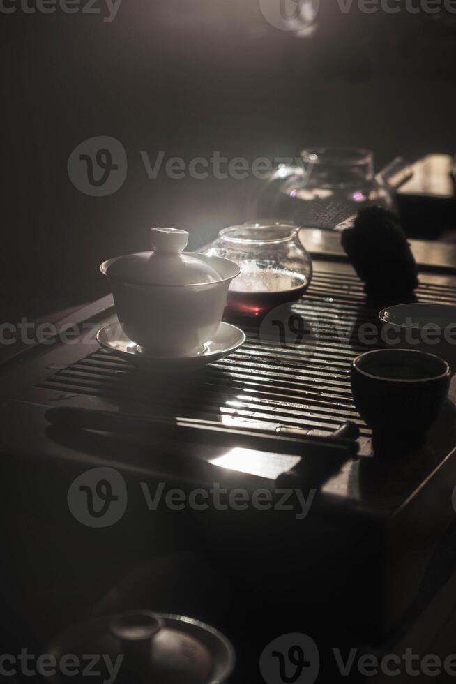An Elegant Tea Setup with Soft Lighting to Encourage Relaxation and Create Atmosphere photo