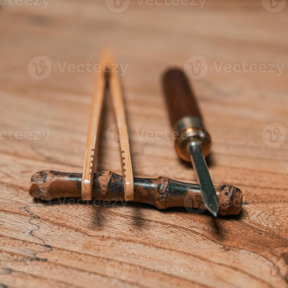 Beautiful, handcrafted woodworking tools displayed elegantly on a rustic wooden surface photo
