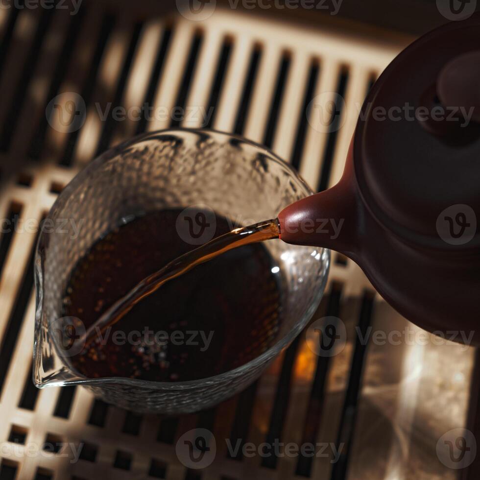 The Delicate Art of Tea Pouring Process Captured in Soft and Serene Light Atmosphere photo