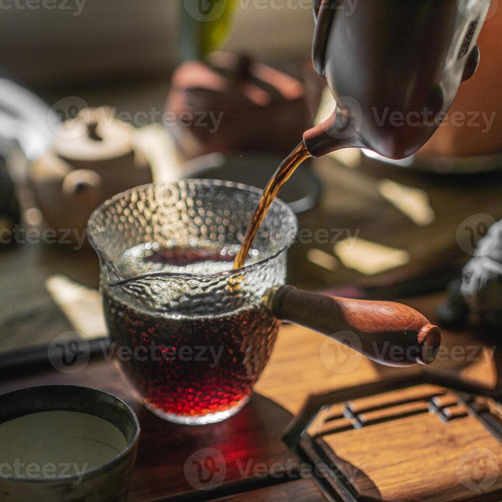 Engaging in the delightful practice of artistic tea brewing with a traditional teapot photo