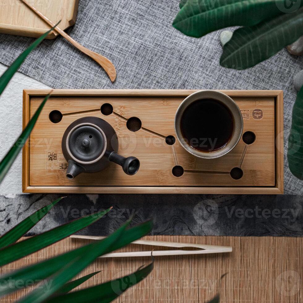 An Elegant Tea Set Beautifully Arranged on a Wooden Tray Surrounded by Lush Greenery photo
