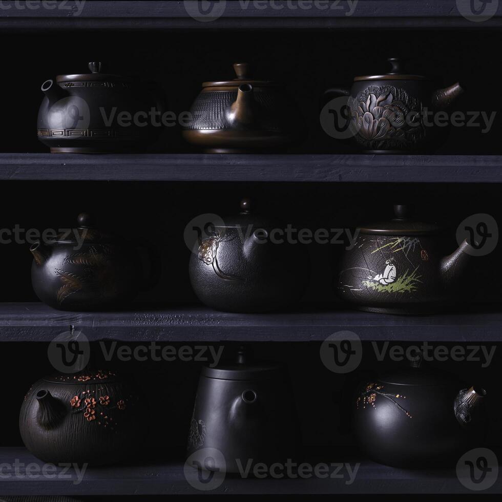 An Artistic and Elegant Display of Traditional Asian Teapots Arranged on Beautifully Crafted Shelves photo