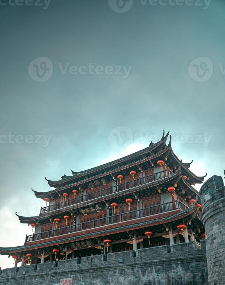 A magnificent architectural marvel from ancient China adorned with beautiful lanterns photo