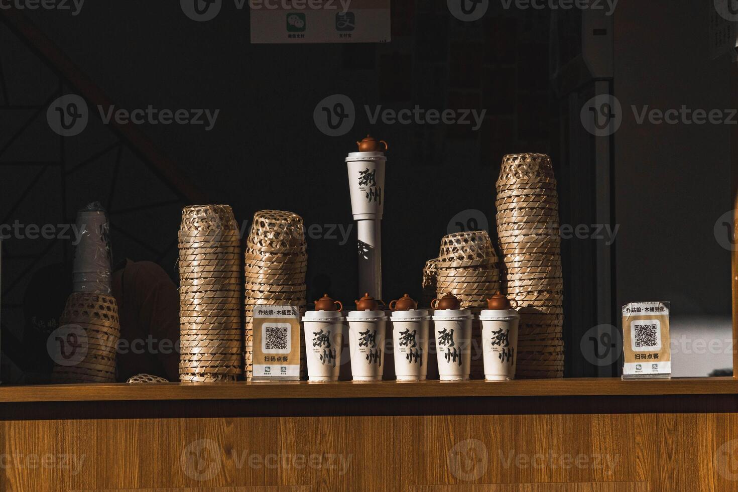 A beautiful and elegant artisan coffee display featuring stylish containers and charming cups photo