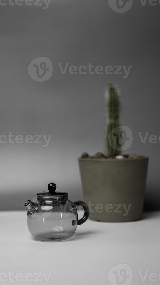 A Stylish Teapot and a Chic Cactus Plant Set against a Minimalist Background Shift photo