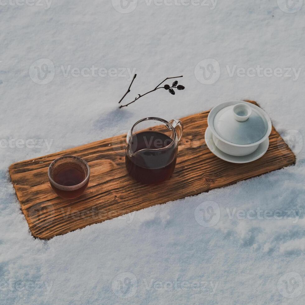 Indulging in the Warm Tea Experience while surrounded by a beautiful snowy landscape photo