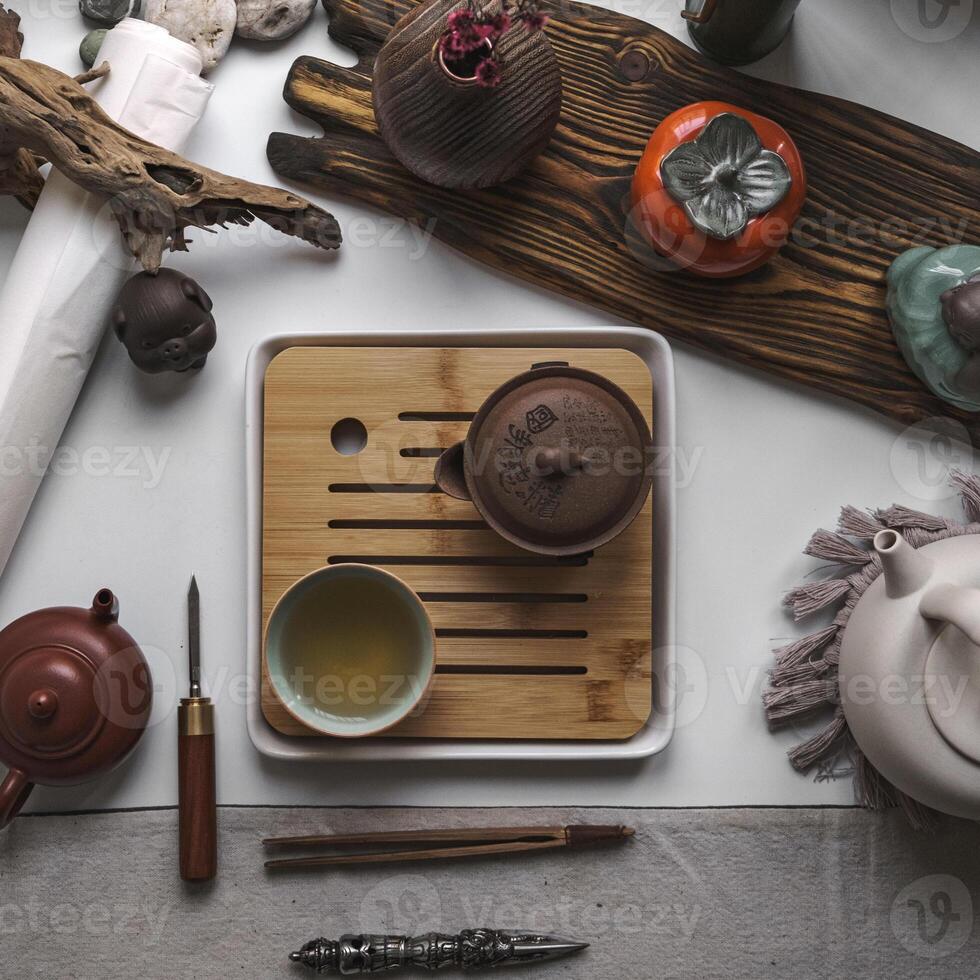 Create an Artisan Tea Setup featuring Elegant Teaware complemented by Beautiful Wooden Accents photo