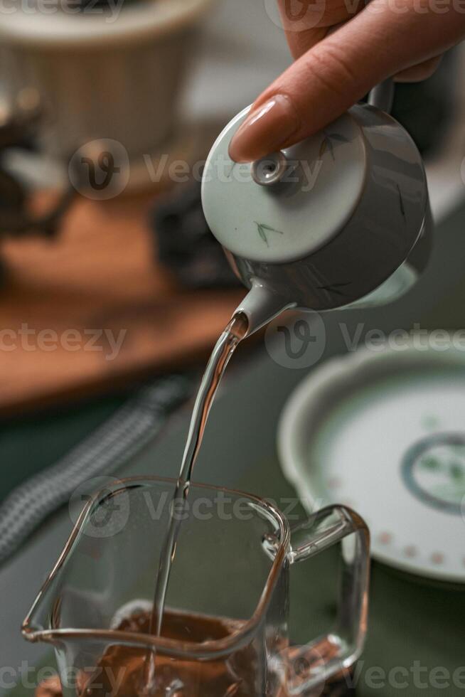 Experience the Elegant and Timeless Tea Pouring Ritual in a Beautiful Traditional Setting photo