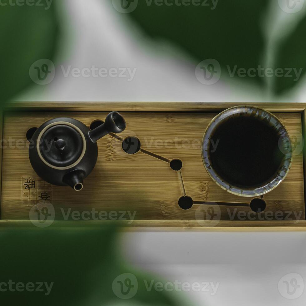 An Elegant Tea Set beautifully arranged on a Bamboo Tray featuring a stunning Celestial Design photo