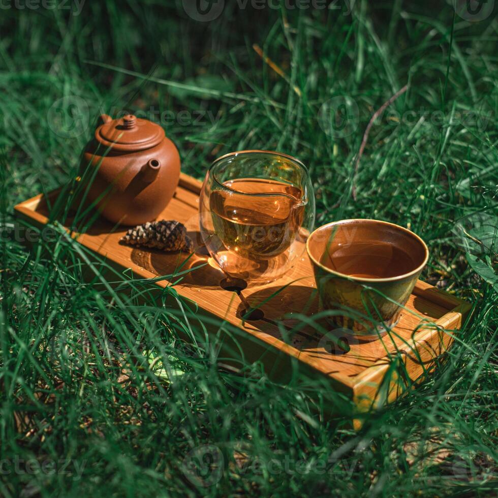 An Elegant Tea Set Arranged Beautifully on a Rustic Wooden Tray Placed in a Natural Grass Setting photo
