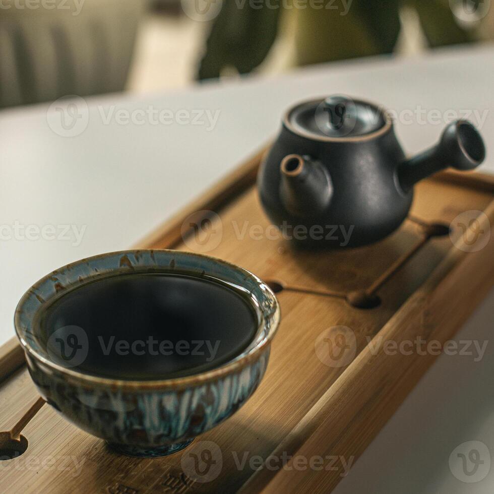 An Elegant Tea Set Displayed Beautifully on a Bamboo Tray, an Ideal Aesthetic Choice for Relaxation photo