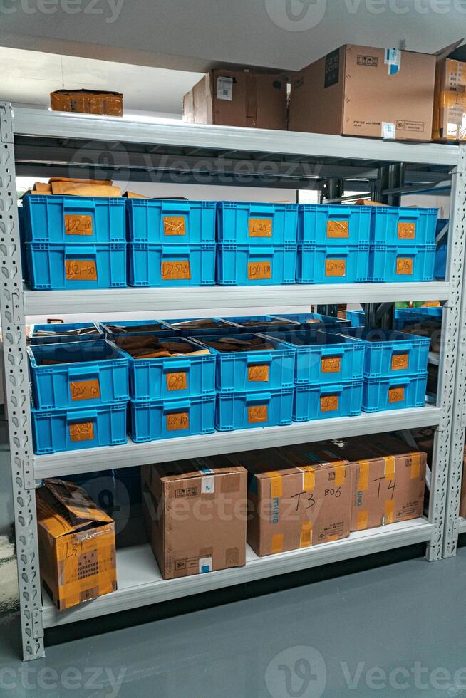 Organized Storage Shelves Featuring Blue Bins and Boxes for Enhanced Efficiency and Order photo