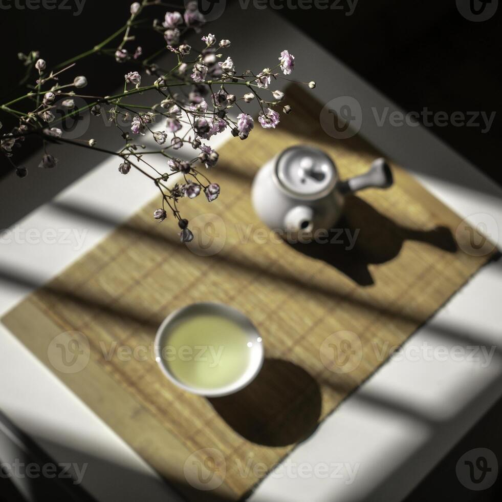 Tranquil Teatime An Elegant and Serene Tea Setting for a Moment of Peaceful Reflection photo