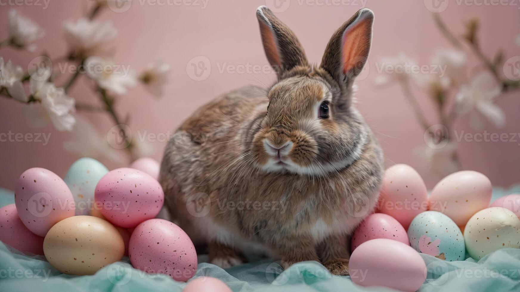 Adorable bunny surrounded by pastel Easter eggs and blossoms, creating a warm and festive springtime atmosphere. photo