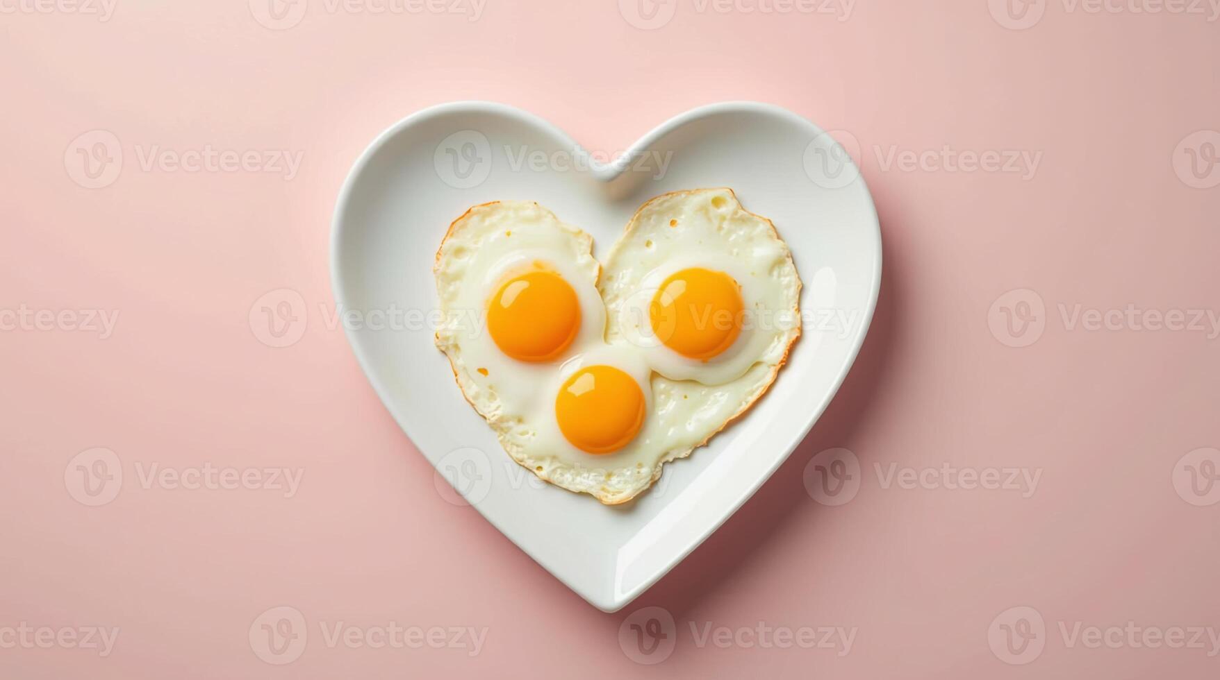 Three fried eggs served on a white heart-shaped plate against a pink background. Romantic breakfast and love-themed concept for Valentines Day designs photo