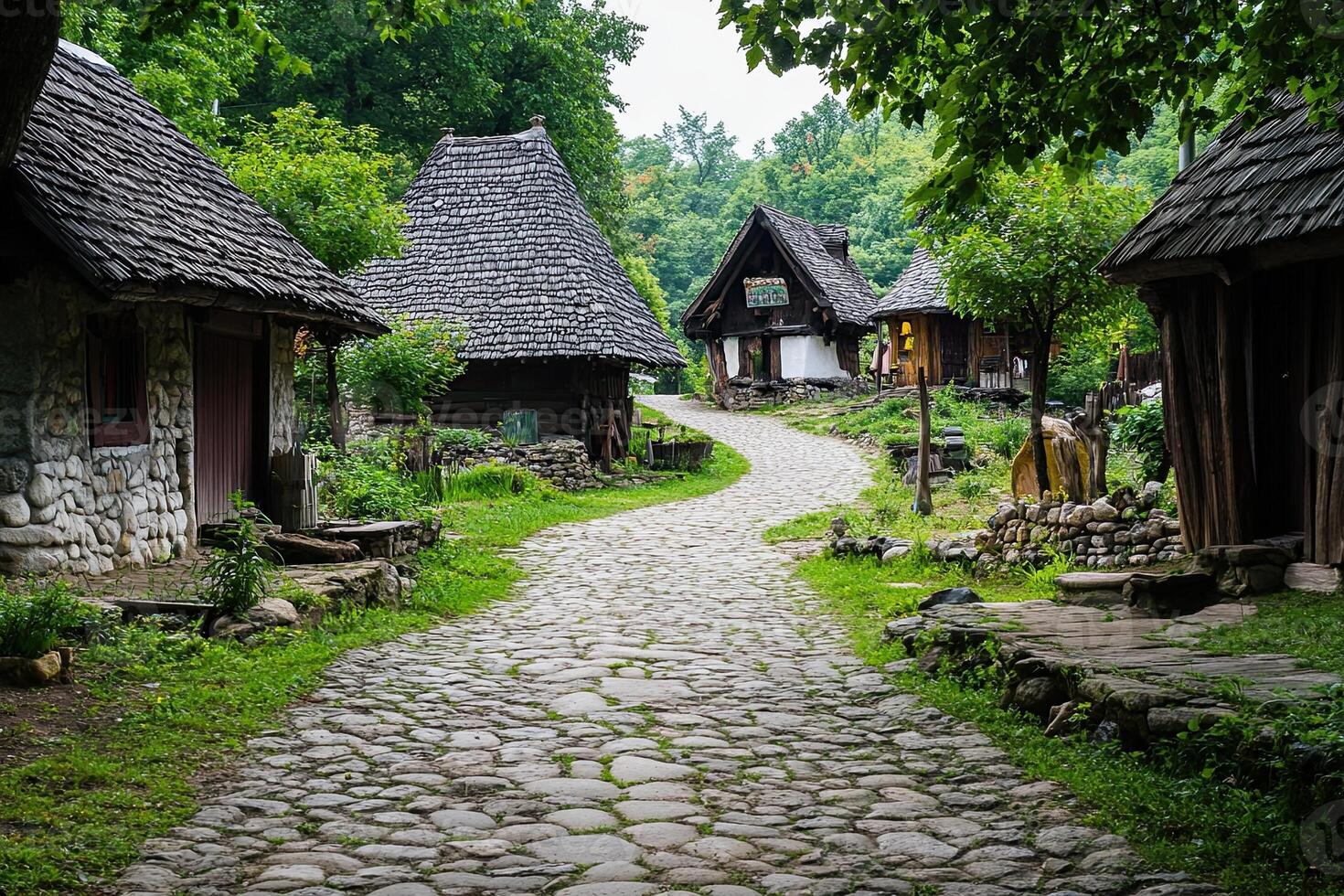Cobblestone path winds through quaint village with traditional wooden houses and lush greenery. photo
