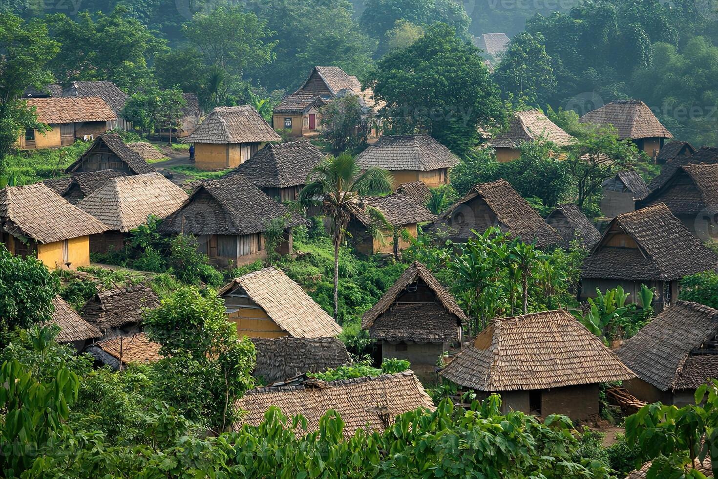 Aerial view of a rural village nestled in a lush green valley. photo