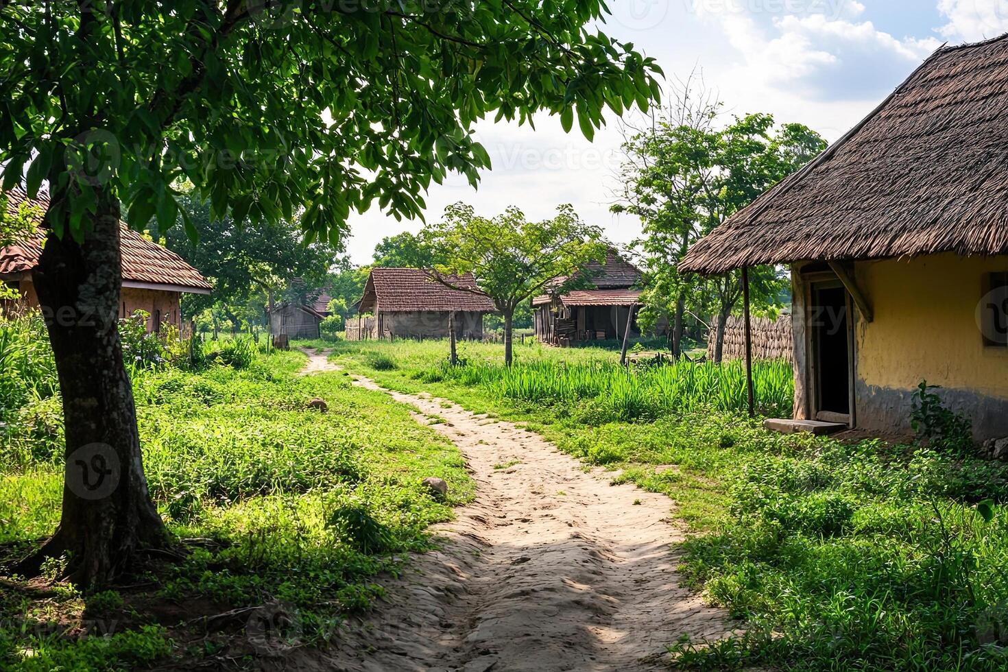 Dirt path leads through quaint village with traditional houses and lush greenery under sunny sky. photo