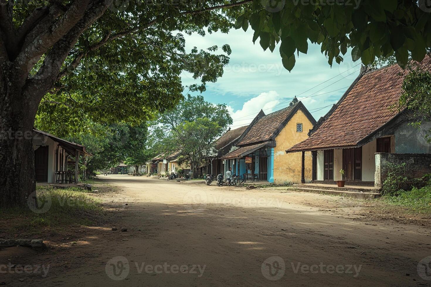 Dusty village street lined with traditional houses under leafy trees. photo
