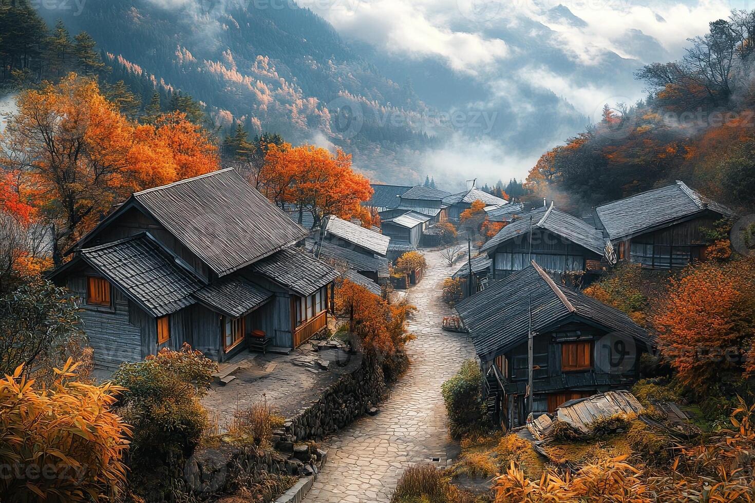 Misty mountain village with autumn foliage and traditional houses. photo