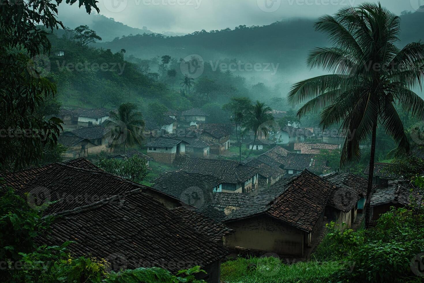 Misty mountain village with traditional houses and lush greenery. photo