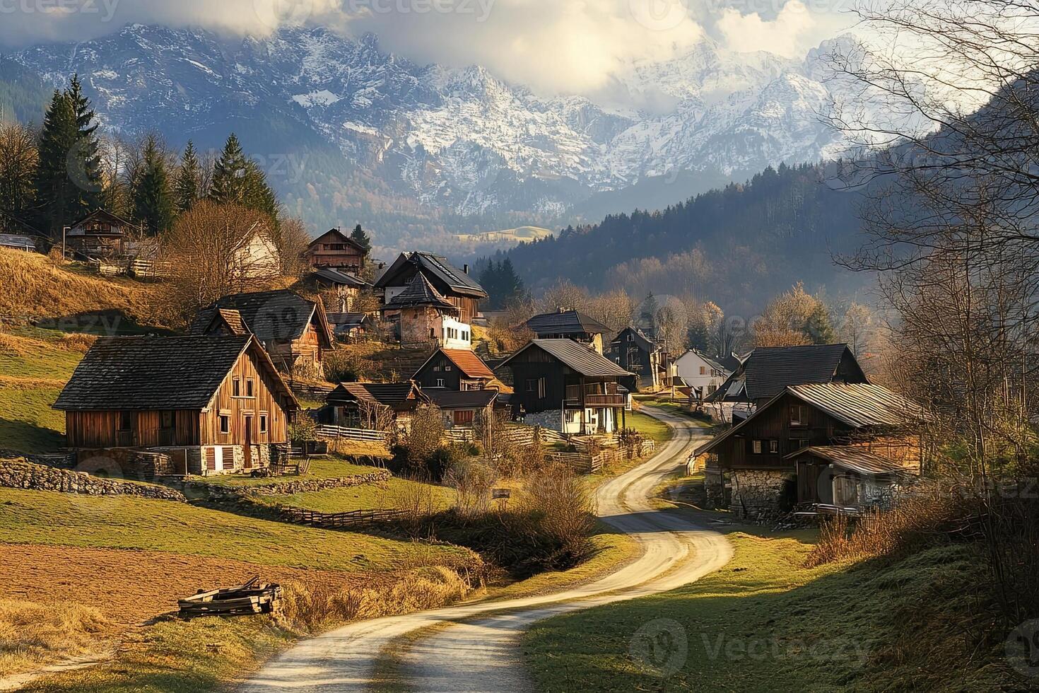 Picturesque village nestled in a valley, surrounded by mountains. photo