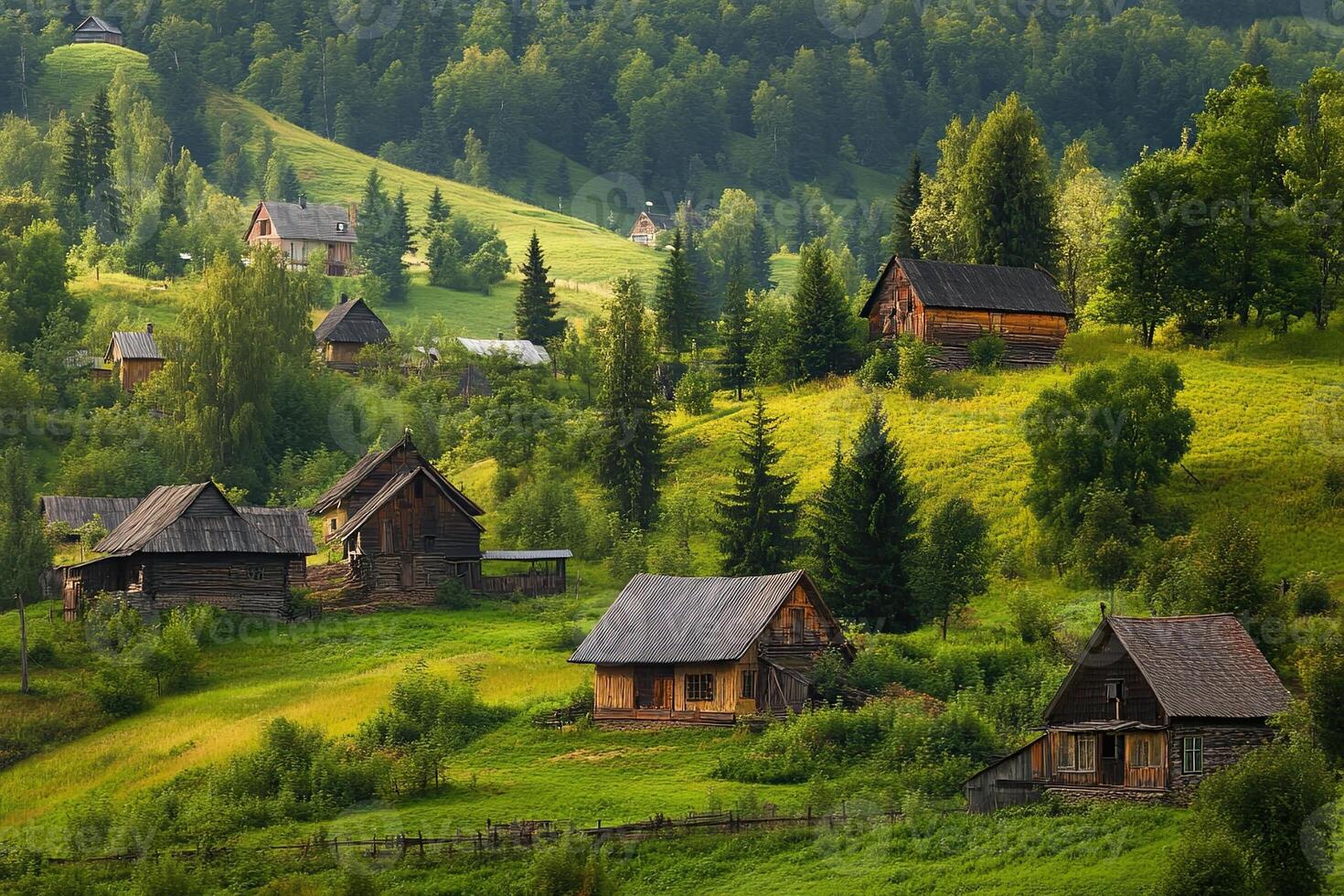 Picturesque village nestled in lush green hills. photo