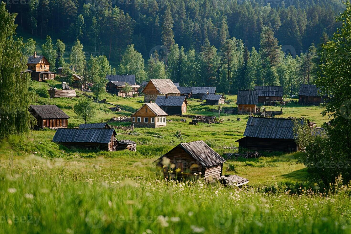 Picturesque mountain village nestled in a green valley. photo