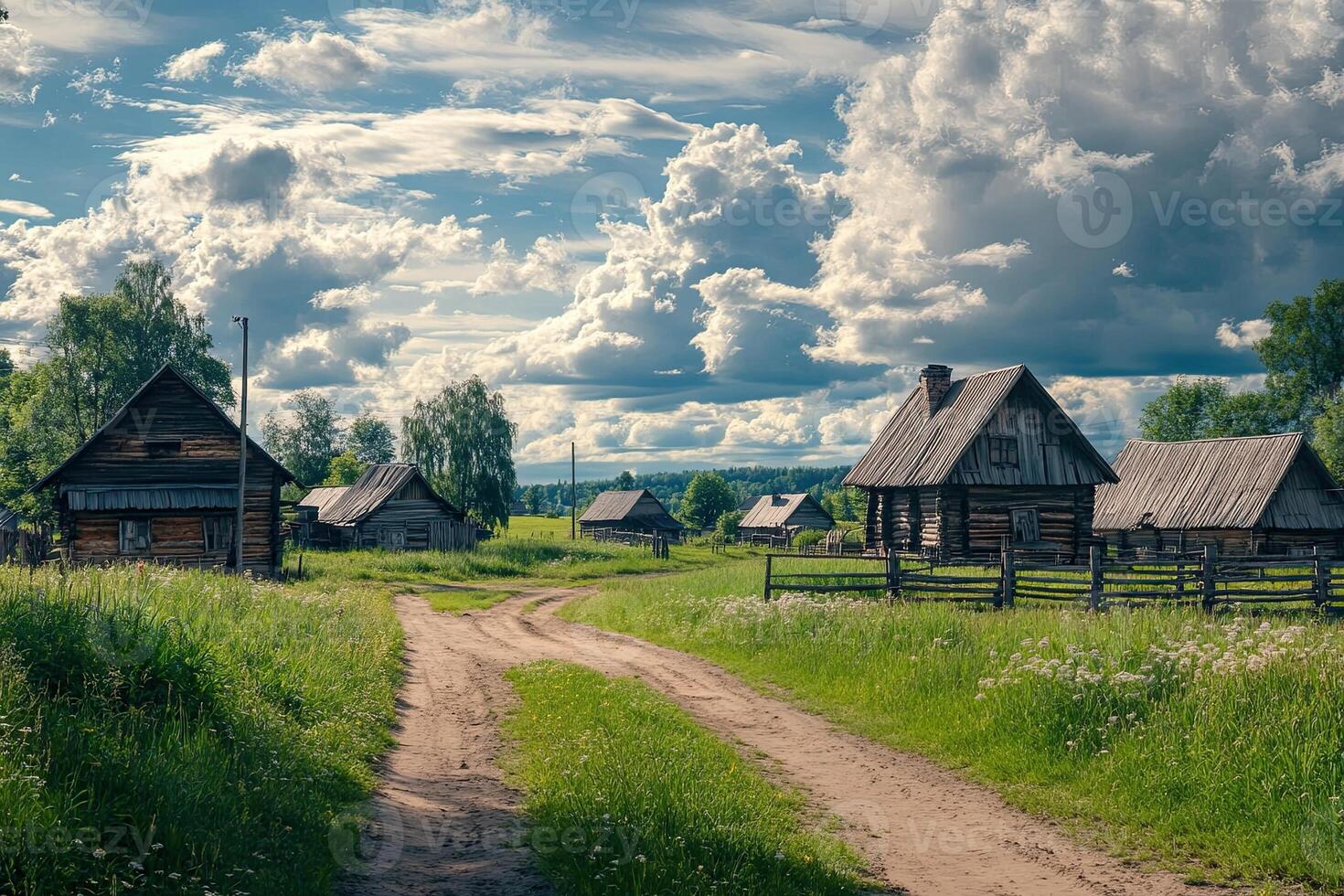 Picturesque village scene with wooden houses, dirt road, green fields, and dramatic sky. photo