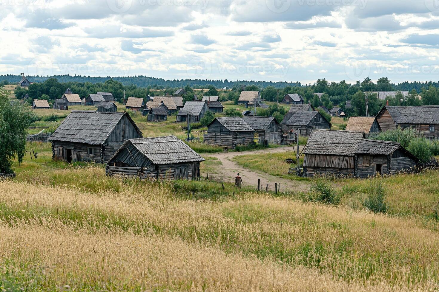 Rustic wooden houses in a rural village setting, surrounded by golden fields under a cloudy sky. photo