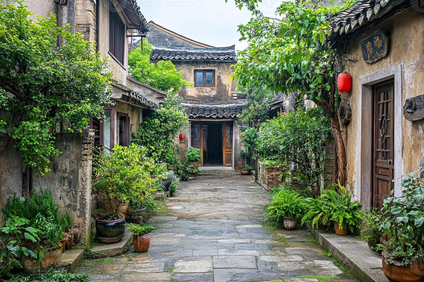 Serene stone pathway in a traditional Asian courtyard, lined with lush greenery and aged buildings. photo